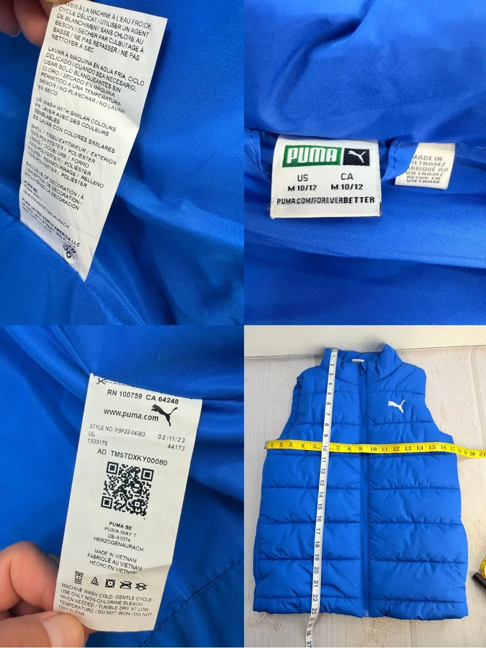 Puma Kids Puffer Vest Quilted Full Zip Blue Size M 10/12